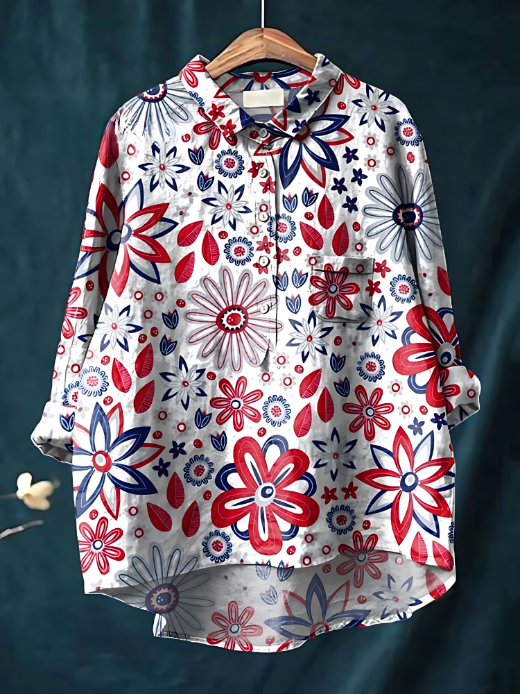 DEBORAH PATRIOTIC FLORAL ART PRINT SHIRT