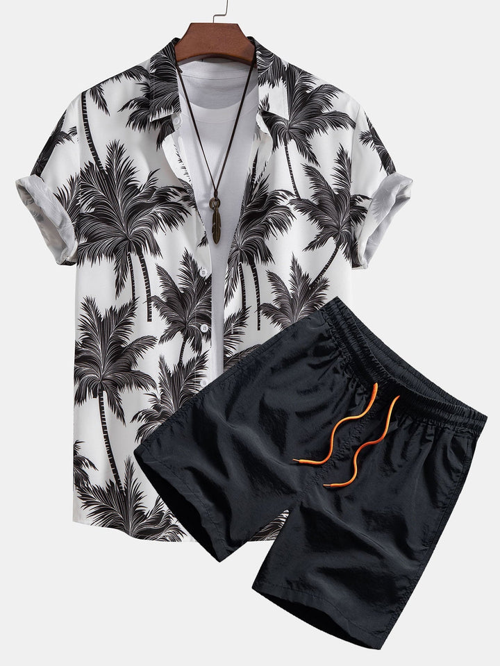 CARLOS PALM TREE PRINT BUTTON UP SHIRT & SWIM SHORTS